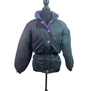 Vintage Edelweiss Black Ski Snow Jacket With Colorful Floral Print Trim Size 6